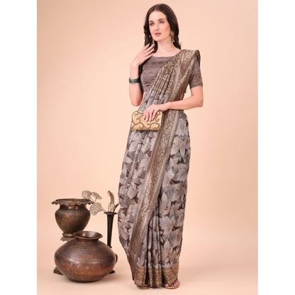 Generic Women's Cotton Printed Saree With Unstitched Blouse 5.5Mtr (Brown)