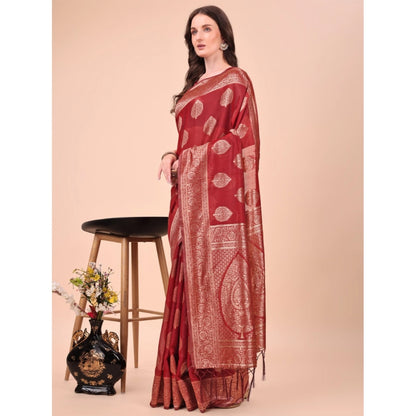 Generic Women's Cotton Printed Saree With Unstitched Blouse 5.5Mtr (Maroon)
