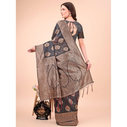 Generic Women's Cotton Printed Saree With Unstitched Blouse 5.5Mtr (Black)