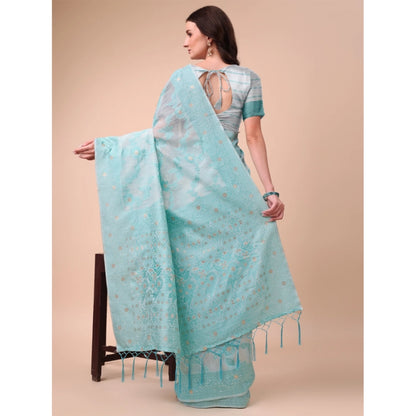 Generic Women's Cotton Printed Saree With Unstitched Blouse 5.5Mtr (Sky Blue)