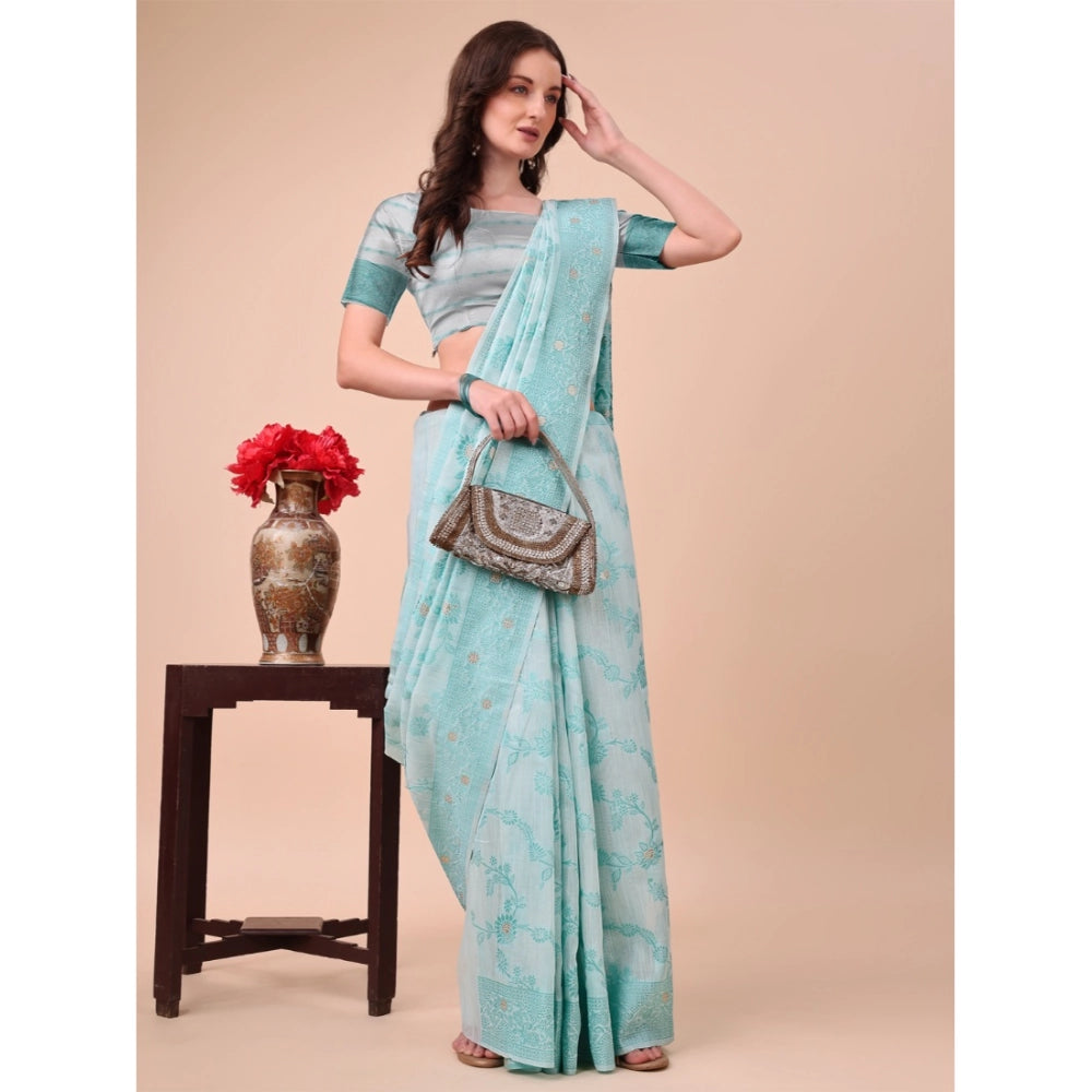 Generic Women's Cotton Printed Saree With Unstitched Blouse 5.5Mtr (Sky Blue)
