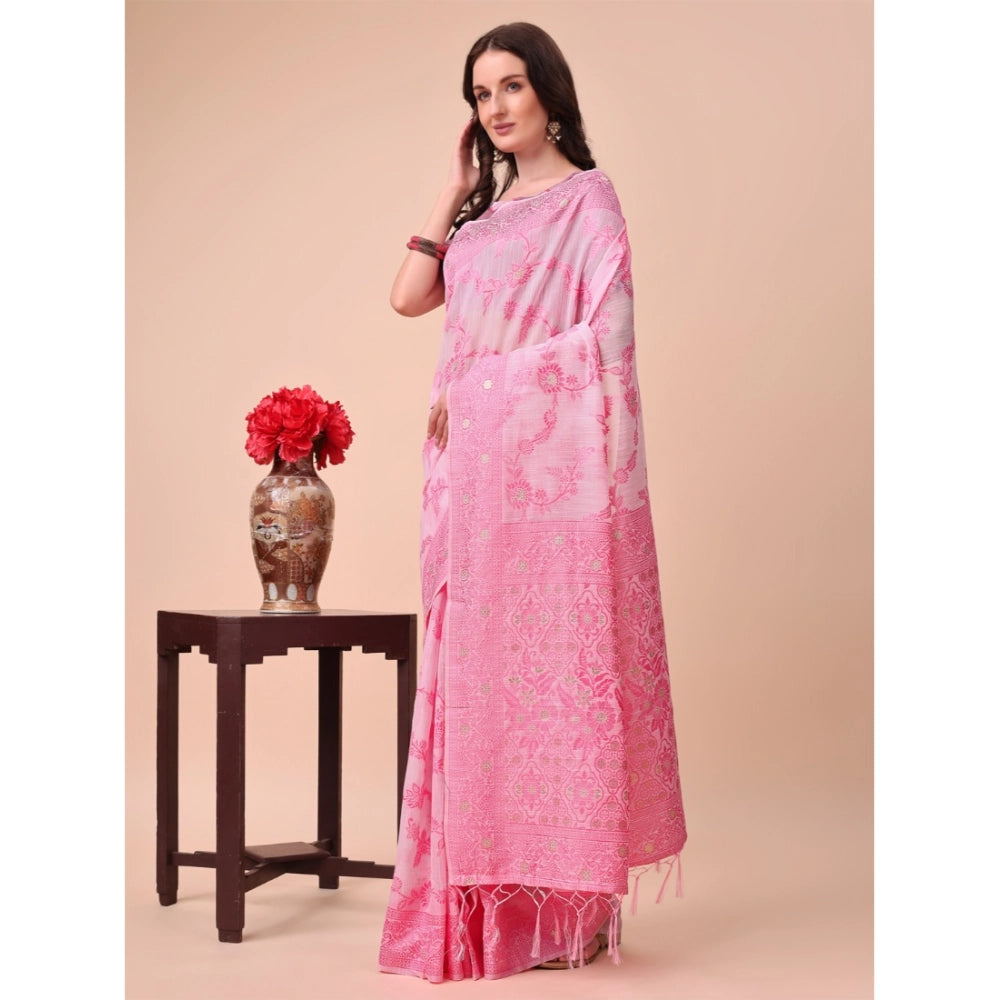 Generic Women's Cotton Printed Saree With Unstitched Blouse 5.5Mtr (Pink)