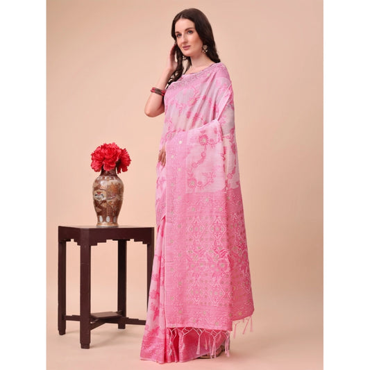 Generic Women's Cotton Printed Saree With Unstitched Blouse 5.5Mtr (Pink)