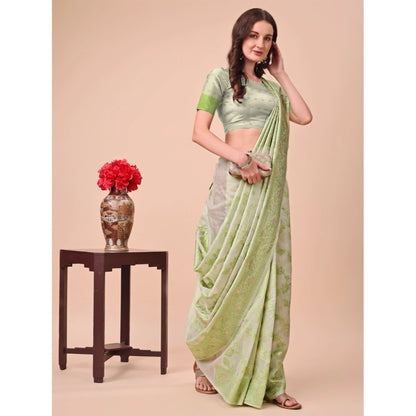 Generic Women's Cotton Printed Saree With Unstitched Blouse 5.5Mtr (Light Green)