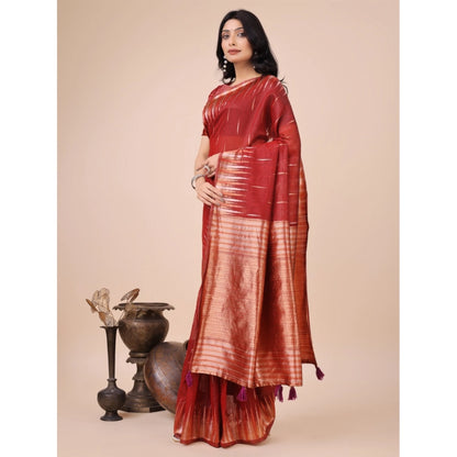 Generic Women's Linen Cotton Printed Saree With Unstitched Blouse 5.5Mtr (Red)