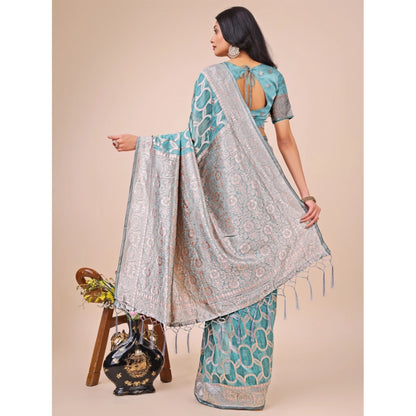 Generic Women's Linen Cotton Printed Saree With Unstitched Blouse 5.5Mtr (Teal)