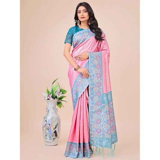 Generic Women's Lichi Silk Printed Saree With Unstitched Blouse 5.5Mtr (Pink)