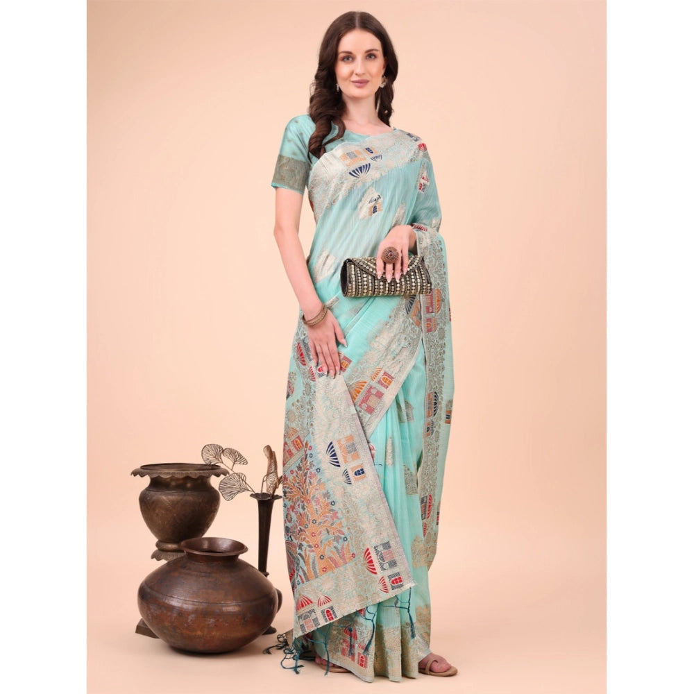 Generic Women's Linen Cotton Printed Saree With Unstitched Blouse 5.5Mtr (Sky Blue)