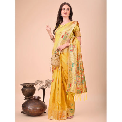 Generic Women's Linen Cotton Printed Saree With Unstitched Blouse 5.5Mtr (Yellow)