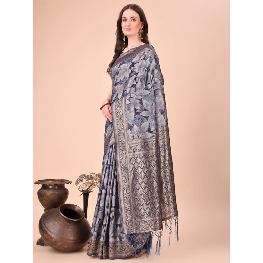 Generic Women's Cotton Printed Saree With Unstitched Blouse 5.5Mtr (Navy Blue)