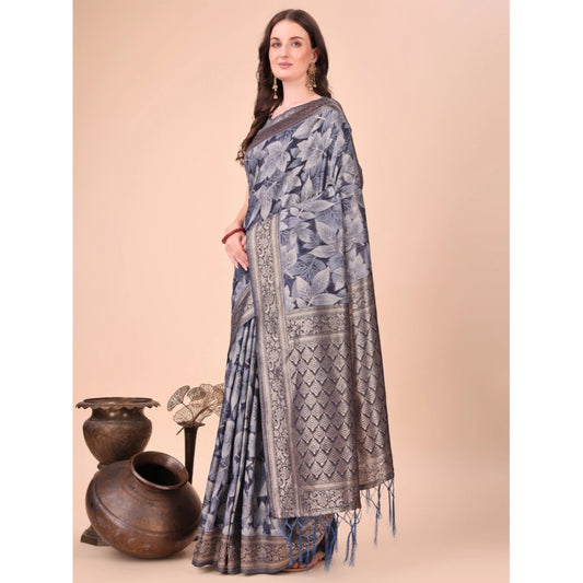 Generic Women's Cotton Printed Saree With Unstitched Blouse 5.5Mtr (Navy Blue)