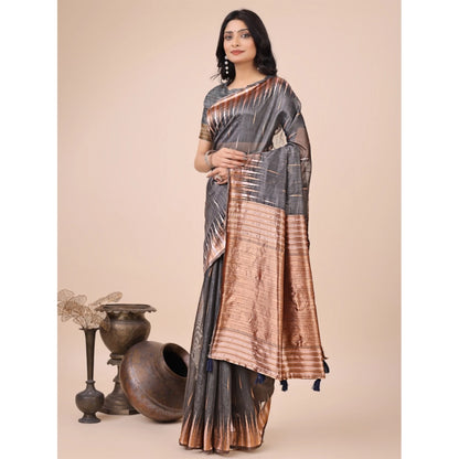 Generic Women's Linen Cotton Printed Saree With Unstitched Blouse 5.5Mtr (Grey)