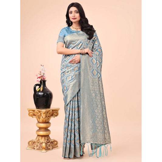 Generic Women's Cotton Printed Saree With Unstitched Blouse 5.5Mtr (Sky Blue)
