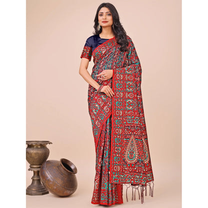 Generic Women's Cotton Printed Saree With Unstitched Blouse 5.5Mtr (Red)