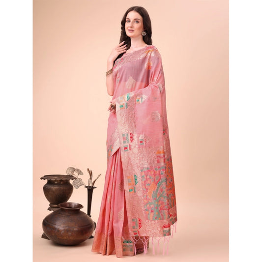 Generic Women's Linen Cotton Printed Saree With Unstitched Blouse 5.5Mtr (Pink)
