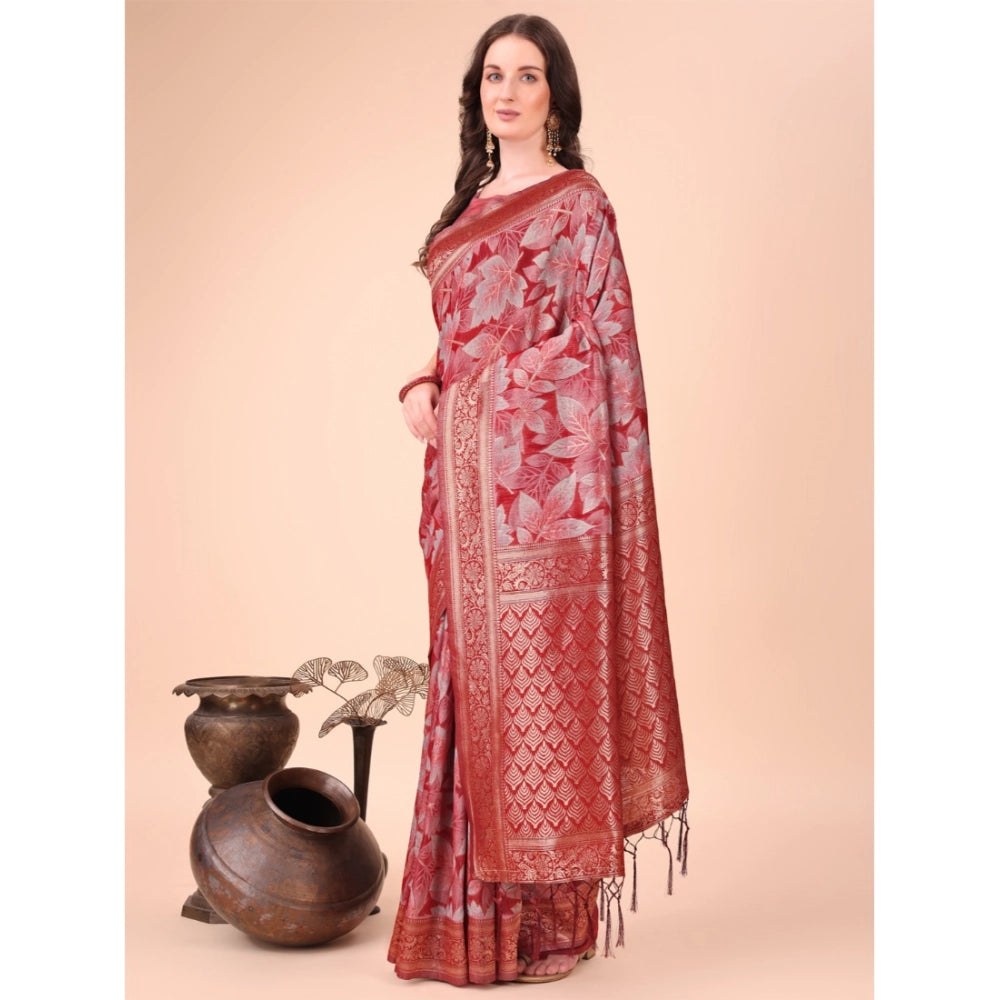 Generic Women's Cotton Printed Saree With Unstitched Blouse 5.5Mtr (Red)