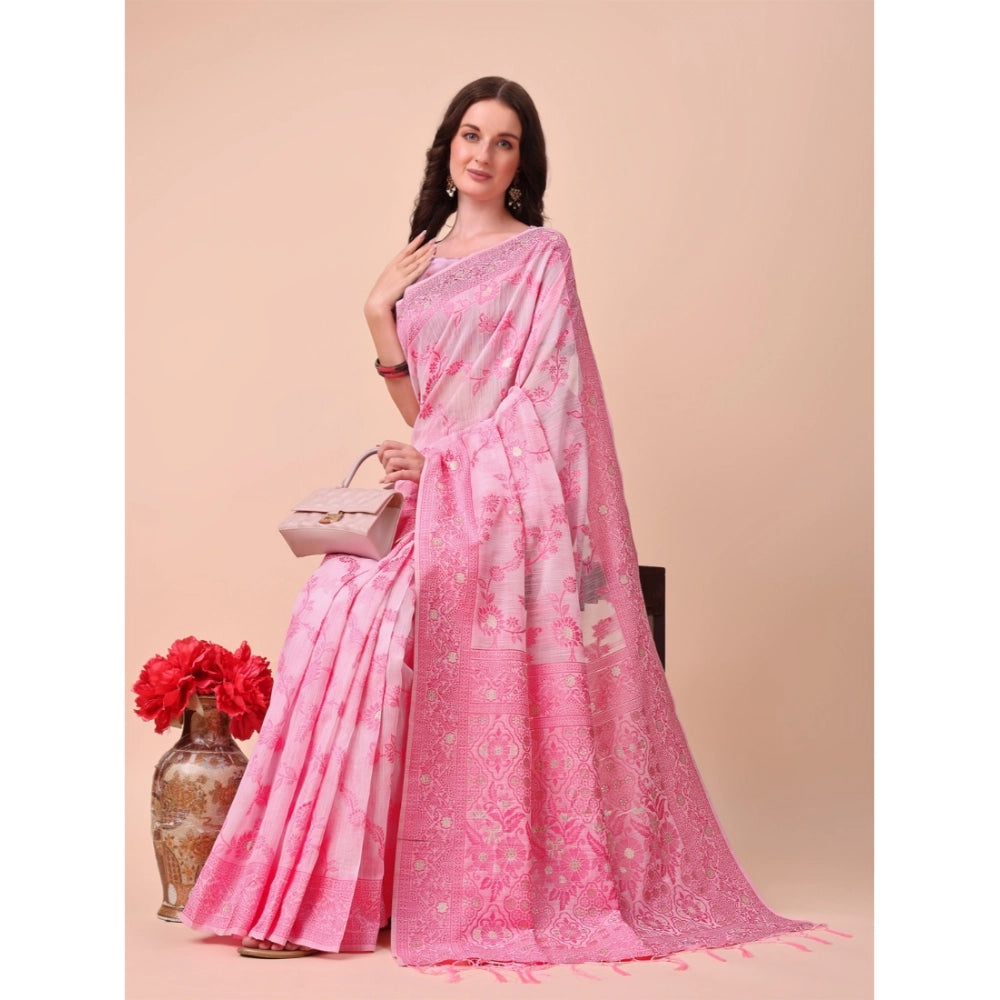 Generic Women's Cotton Printed Saree With Unstitched Blouse 5.5Mtr (Pink)