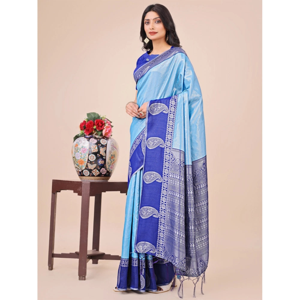 Generic Women's Lichi Silk Printed Saree With Unstitched Blouse 5.5Mtr (Sky Blue)