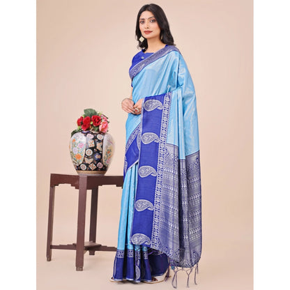 Generic Women's Lichi Silk Printed Saree With Unstitched Blouse 5.5Mtr (Sky Blue)