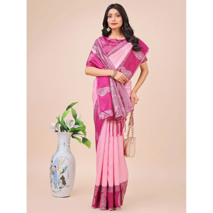 Generic Women's Lichi Silk Printed Saree With Unstitched Blouse 5.5Mtr (Light Pink)