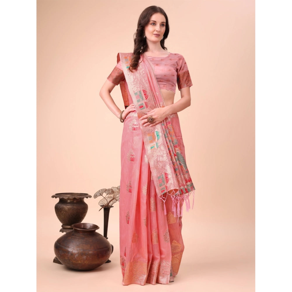 Generic Women's Linen Cotton Printed Saree With Unstitched Blouse 5.5Mtr (Pink)
