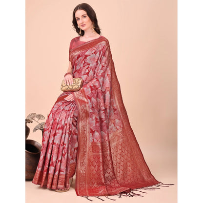 Generic Women's Cotton Printed Saree With Unstitched Blouse 5.5Mtr (Red)