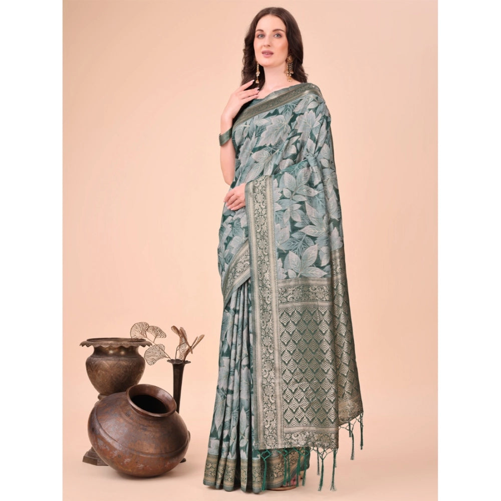Generic Women's Cotton Printed Saree With Unstitched Blouse 5.5Mtr (Green)