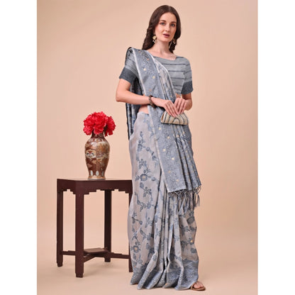 Generic Women's Cotton Printed Saree With Unstitched Blouse 5.5Mtr (Grey)
