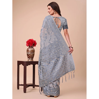 Generic Women's Cotton Printed Saree With Unstitched Blouse 5.5Mtr (Grey)