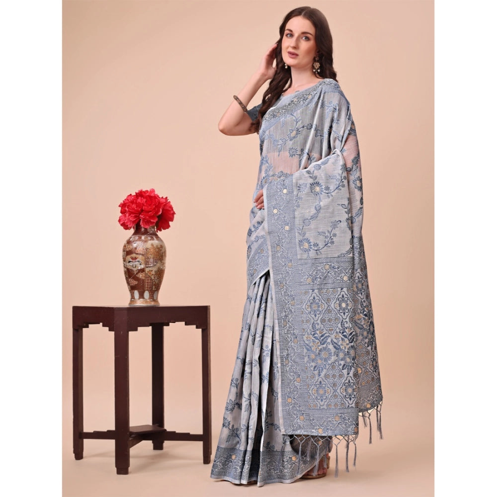 Generic Women's Cotton Printed Saree With Unstitched Blouse 5.5Mtr (Grey)