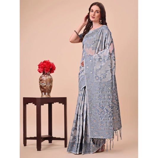 Generic Women's Cotton Printed Saree With Unstitched Blouse 5.5Mtr (Grey)