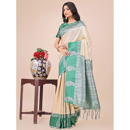 Generic Women's Lichi Silk Printed Saree With Unstitched Blouse 5.5Mtr (Cream)