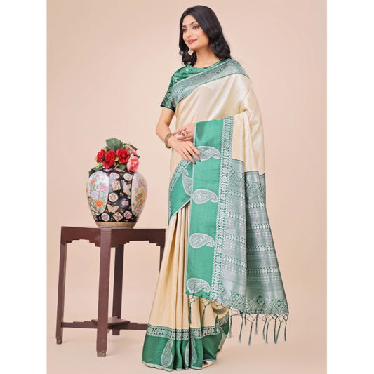 Generic Women's Lichi Silk Printed Saree With Unstitched Blouse 5.5Mtr (Cream)