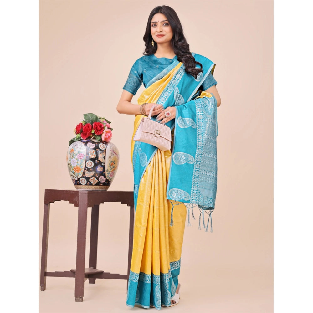 Generic Women's Lichi Silk Printed Saree With Unstitched Blouse 5.5Mtr (Yellow)