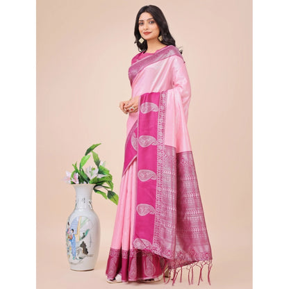 Generic Women's Lichi Silk Printed Saree With Unstitched Blouse 5.5Mtr (Light Pink)