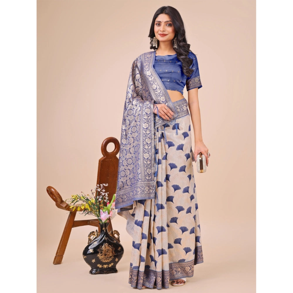 Generic Women's Linen Cotton Printed Saree With Unstitched Blouse 5.5Mtr (Blue)