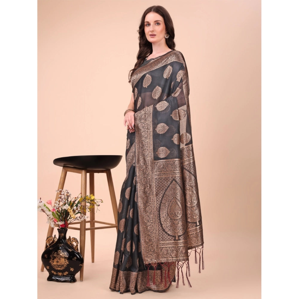 Generic Women's Cotton Printed Saree With Unstitched Blouse 5.5Mtr (Black)