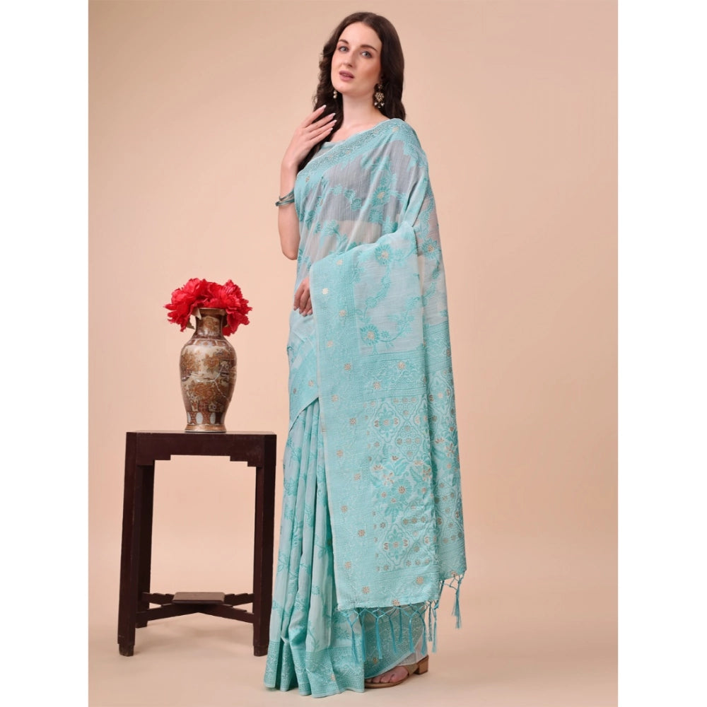 Generic Women's Cotton Printed Saree With Unstitched Blouse 5.5Mtr (Sky Blue)