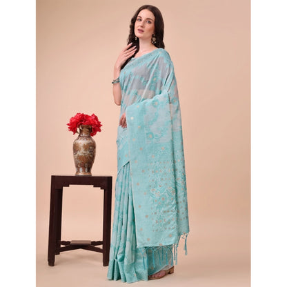 Generic Women's Cotton Printed Saree With Unstitched Blouse 5.5Mtr (Sky Blue)