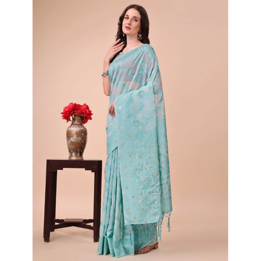 Generic Women's Cotton Printed Saree With Unstitched Blouse 5.5Mtr (Sky Blue)