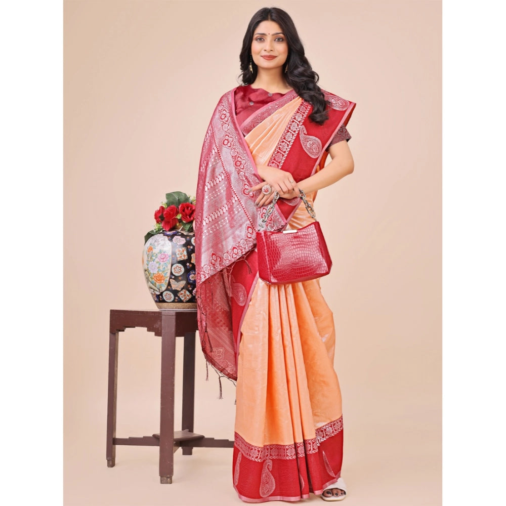 Generic Women's Lichi Silk Printed Saree With Unstitched Blouse 5.5Mtr (Peach)