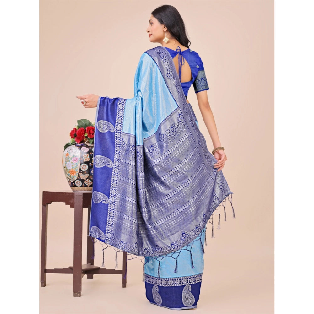 Generic Women's Lichi Silk Printed Saree With Unstitched Blouse 5.5Mtr (Sky Blue)