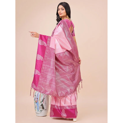 Generic Women's Lichi Silk Printed Saree With Unstitched Blouse 5.5Mtr (Light Pink)