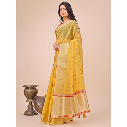 Generic Women's Organza Printed Saree With Unstitched Blouse 5.5Mtr (Yellow)