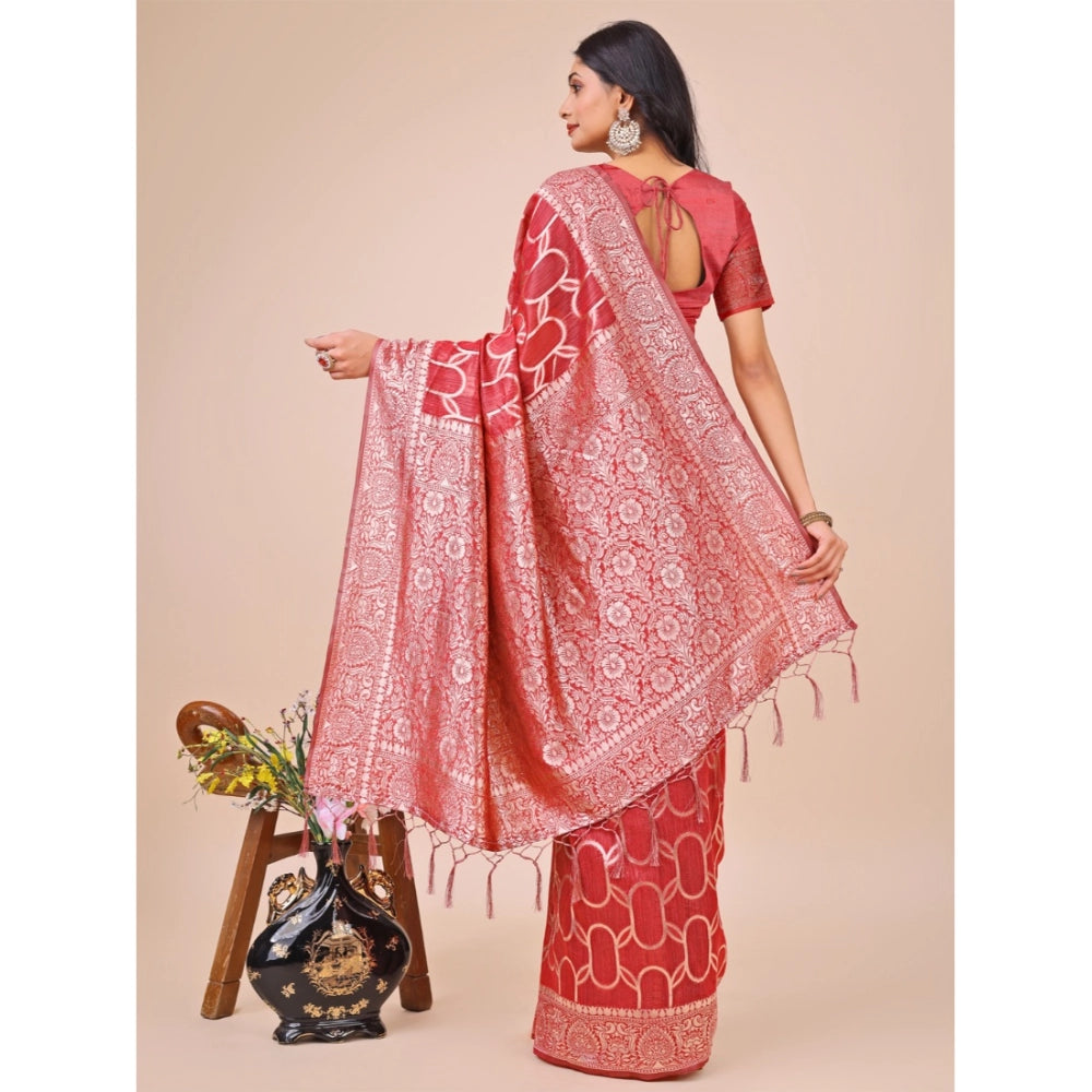 Generic Women's Linen Cotton Printed Saree With Unstitched Blouse 5.5Mtr (Red)
