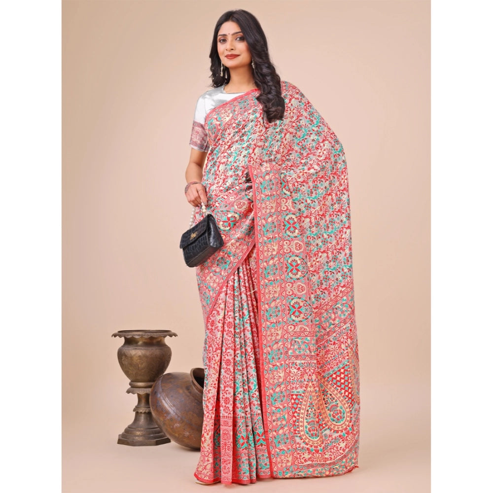 Generic Women's Cotton Printed Saree With Unstitched Blouse 5.5Mtr (White)