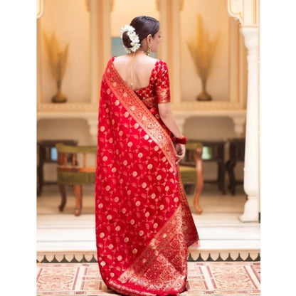Generic Women's Silk Printed Saree With Unstitched Blouse 5.5Mtr (Red)