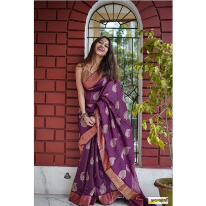 Generic Women's Silk Printed Saree With Unstitched Blouse 5.5Mtr (Purple)
