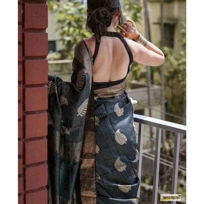 Generic Women's Silk Printed Saree With Unstitched Blouse 5.5Mtr (Black)