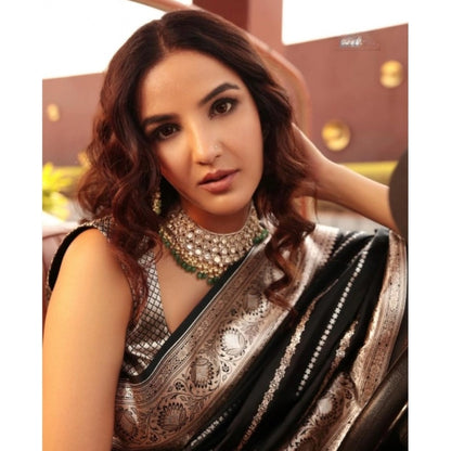 Generic Women's Silk Printed Saree With Unstitched Blouse 5.5Mtr (Black)